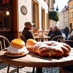 ** "A cozy, sunlit cafe in Kraków's Old Town. Patrons are enjoying 'kawa' and 'pączki'. Focus on the warm, inviting atmosphere and traditional Polish pastries."

**