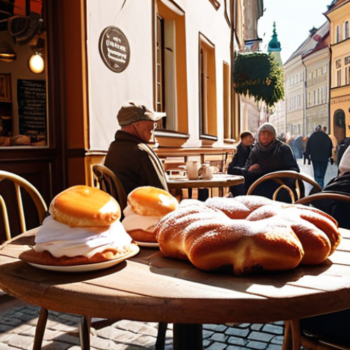 ** "A cozy, sunlit cafe in Kraków's Old Town. Patrons are enjoying 'kawa' and 'pączki'. Focus on the warm, inviting atmosphere and traditional Polish pastries."

**