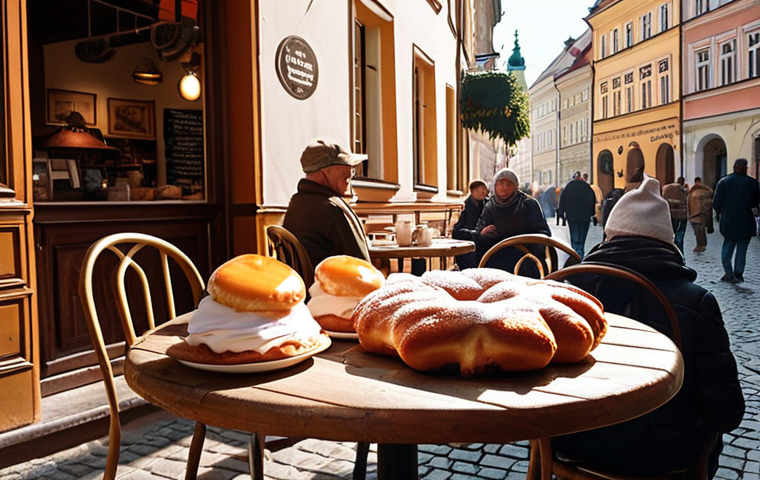 ** "A cozy, sunlit cafe in Kraków's Old Town. Patrons are enjoying 'kawa' and 'pączki'. Focus on the warm, inviting atmosphere and traditional Polish pastries."
**