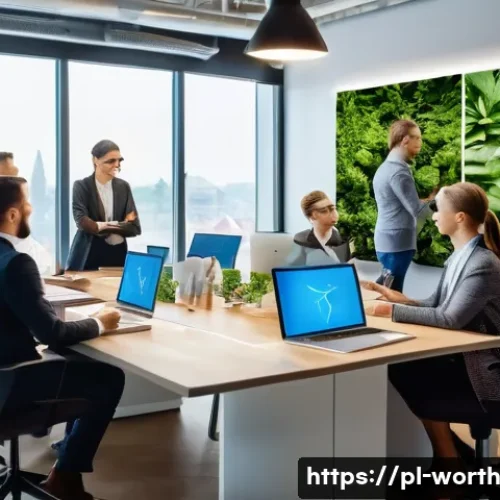 가치 제안의 지속 가능성 평가하기 - A modern Polish business office scene showing a diverse team of professionals engaged in a creative ...