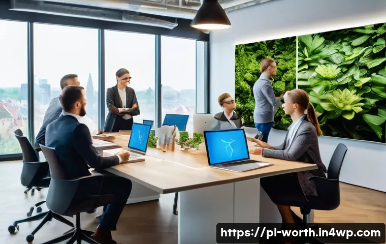 가치 제안의 지속 가능성 평가하기 - A modern Polish business office scene showing a diverse team of professionals engaged in a creative ...