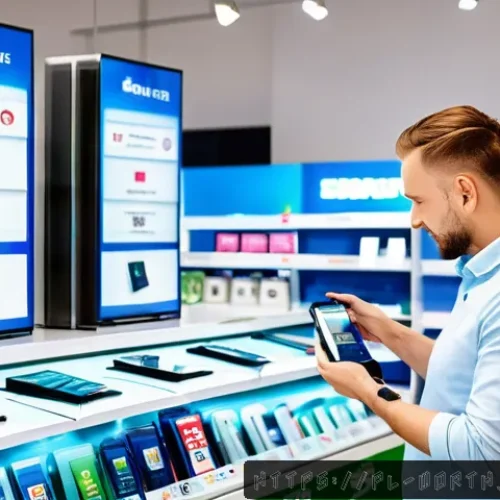 고객의 구매 결정에 미치는 가치 제안의 역할 - A modern Polish electronics store interior showing a confident middle-aged customer examining a smar...