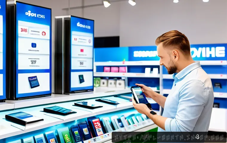 고객의 구매 결정에 미치는 가치 제안의 역할 - A modern Polish electronics store interior showing a confident middle-aged customer examining a smar...