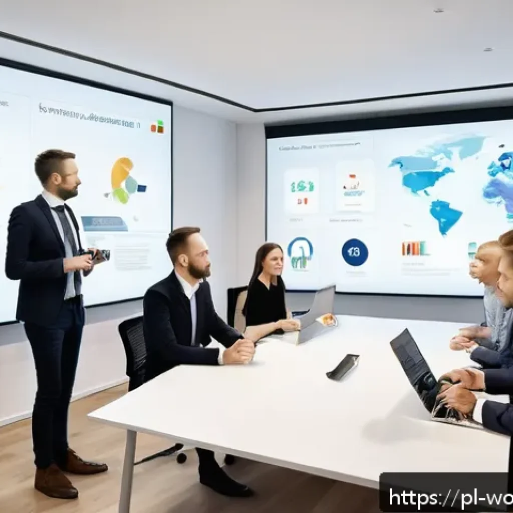 진화하는 시장에서의 가치 제안 전략 - A modern business meeting scene in a sleek Warsaw office, featuring diverse Polish professionals col...