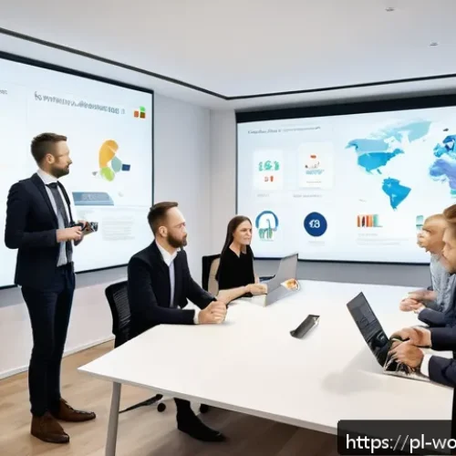 진화하는 시장에서의 가치 제안 전략 - A modern business meeting scene in a sleek Warsaw office, featuring diverse Polish professionals col...